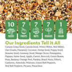 Bird food mix with 10 seeds, 7 fruits, 7 nuts, 7 veggies, 1 grain; ingredients listed on white background