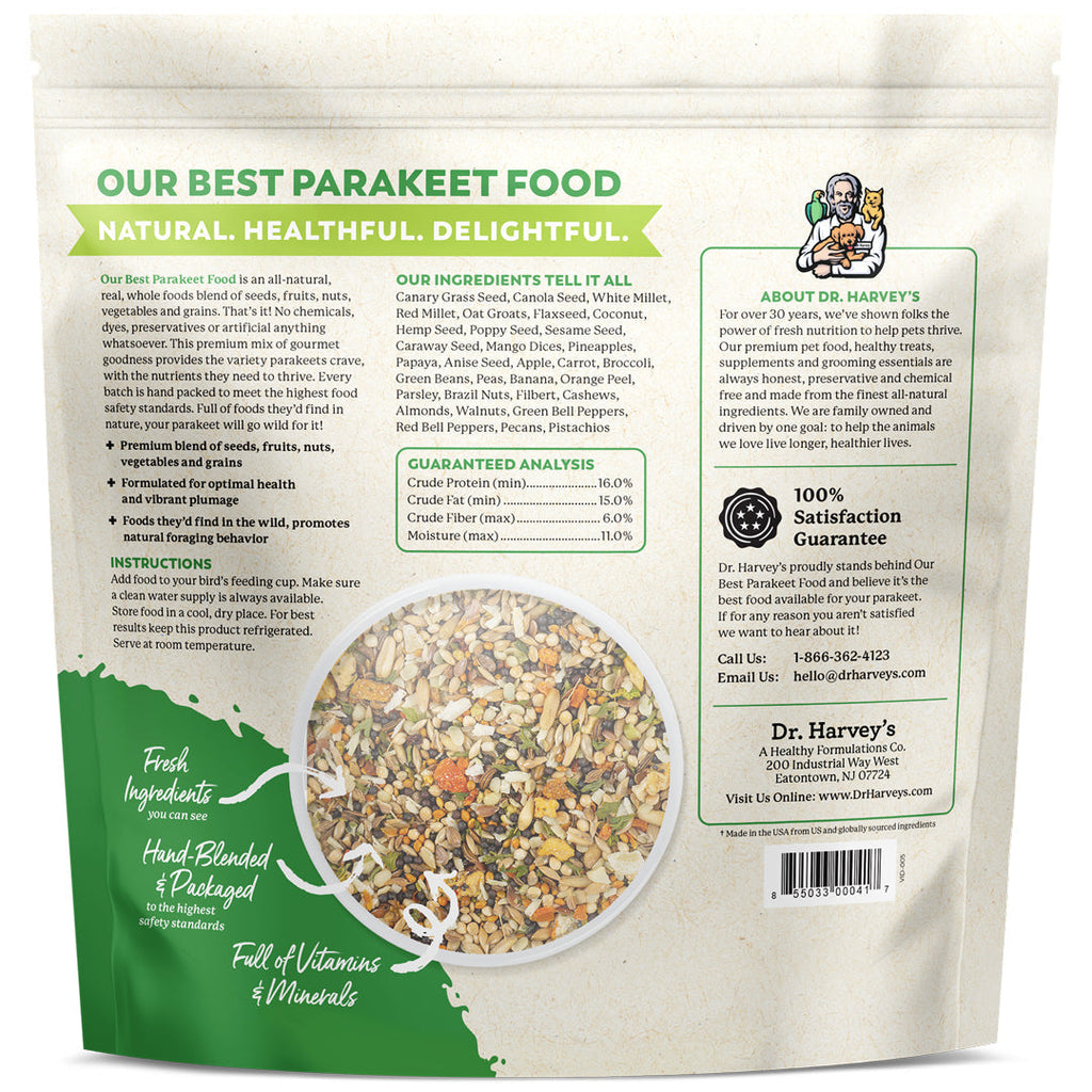 Dr. Harvey's Our Best Parakeet Food back packaging showing ingredients, guaranteed analysis, and satisfaction guarantee
