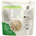 Dr. Harvey's Our Best Parakeet Food back packaging showing ingredients, guaranteed analysis, and satisfaction guarantee