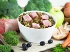 White bowl of raw dog food with meat chunks and vegetables, surrounded by fresh broccoli, carrots, blueberries, mushroom, apple, and eggs