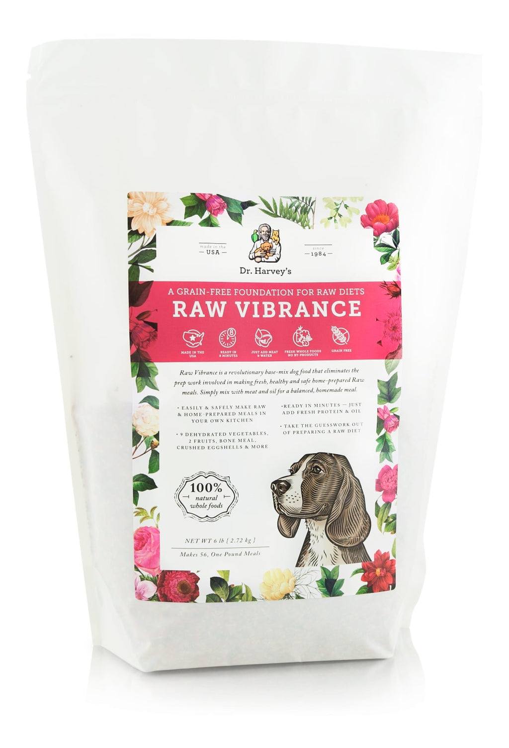 Dr. Harvey's Raw Vibrance grain-free dog food base mix, 6 lb bag with floral design and hound dog illustration