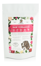 Dr. Harvey's Raw Vibrance grain-free raw diet dog food base mix, 5.5 oz bag with floral design and hound illustration