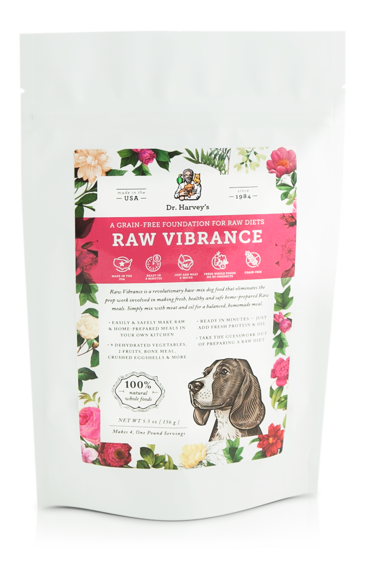 Dr. Harvey's Raw Vibrance grain-free raw diet dog food base mix, 5.5 oz bag with floral design and hound illustration