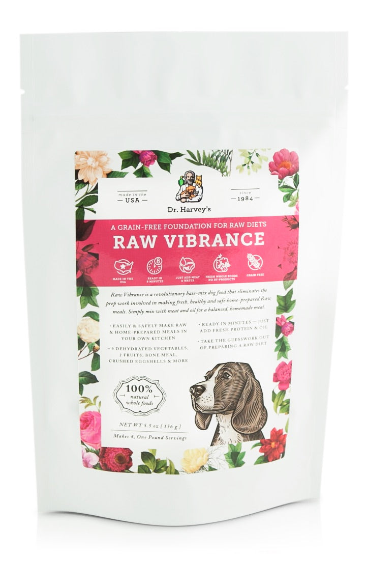 Dr. Harvey's Raw Vibrance grain-free dog food base-mix package with floral design, 5.5 oz