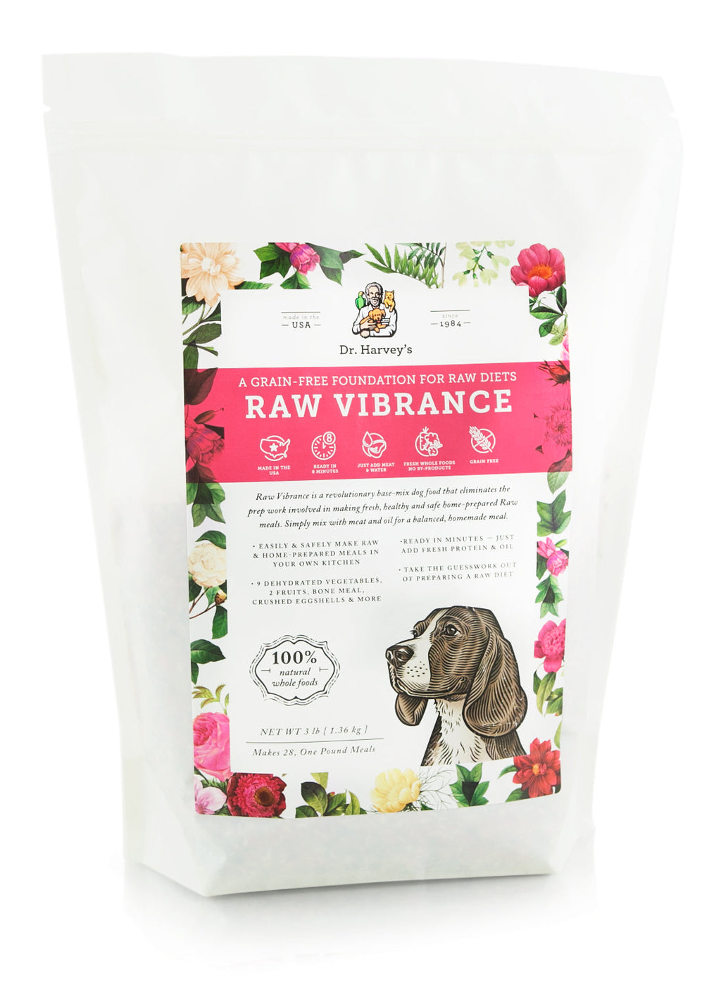 Dr. Harvey's Raw Vibrance grain-free dog food base mix, 3 lb bag with floral design and basset hound illustration