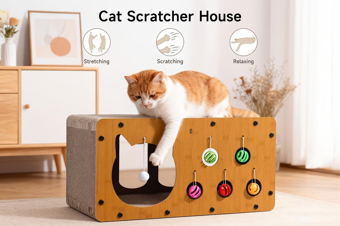 Cat Scratching Board with Interactive Rolling Ball – Multifunctional Cat Furniture for Scratching Playing & Resting, Sturdy Breathable Design, Perfect Cat Toy Gift for Indoor Cats
