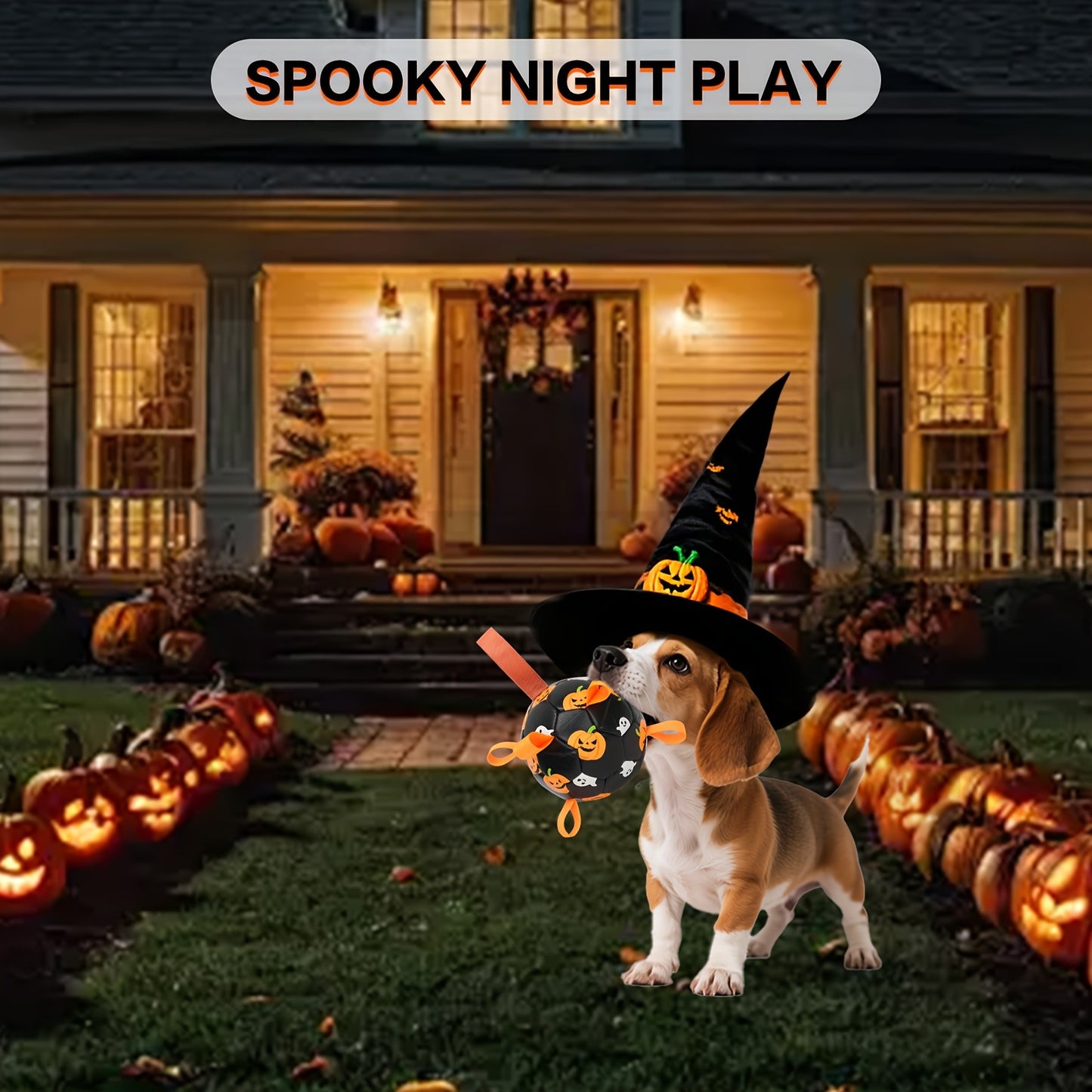 Halloween Dog Ball Toy with Pump - Football Shaped Chew Ball for Dogs, Pumpkin Ghost Design, Durable Rubber Fetch Toy for Small Medium Large Dogs, Festive Pet Gift with Strap, No Battery Required
