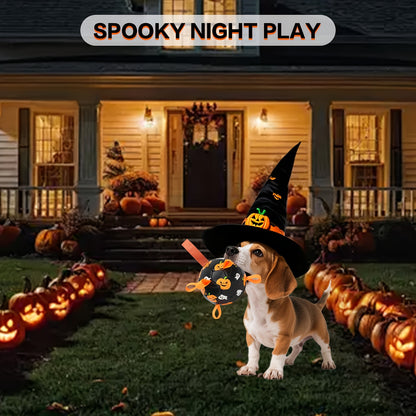 Halloween Dog Ball Toy with Pump - Football Shaped Chew Ball for Dogs, Pumpkin Ghost Design, Durable Rubber Fetch Toy for Small Medium Large Dogs, Festive Pet Gift with Strap, No Battery Required