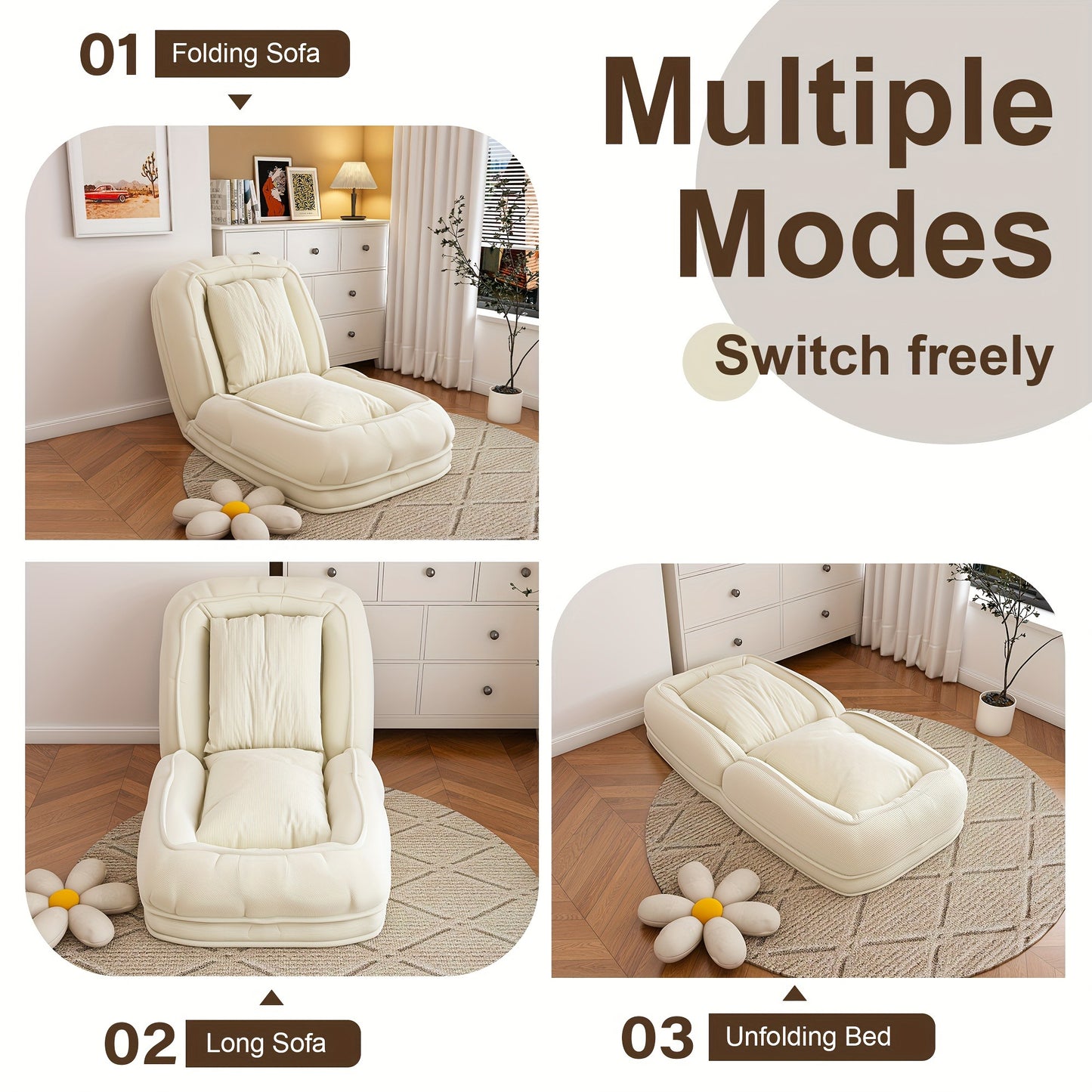 Human Dog Bed for Adults & Pets – Foldable Lazy Sofa Bed with 5 Adjustable Positions, High-Resilience Sponge, Breathable Corduroy, 2 Soft Pillows, Bedroom Living Room Reading Corner