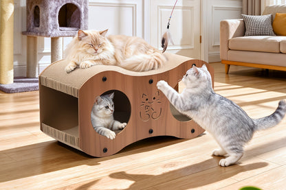 Cat Scratching Post with Integrated Cat Bed - Sturdy Walnut Wood Base, 4-Season Woven Scratch Pad, Indoor Cat Scratcher Lounge for Scratching, Lounging & Play, Oak Color with Optional Cat Toy