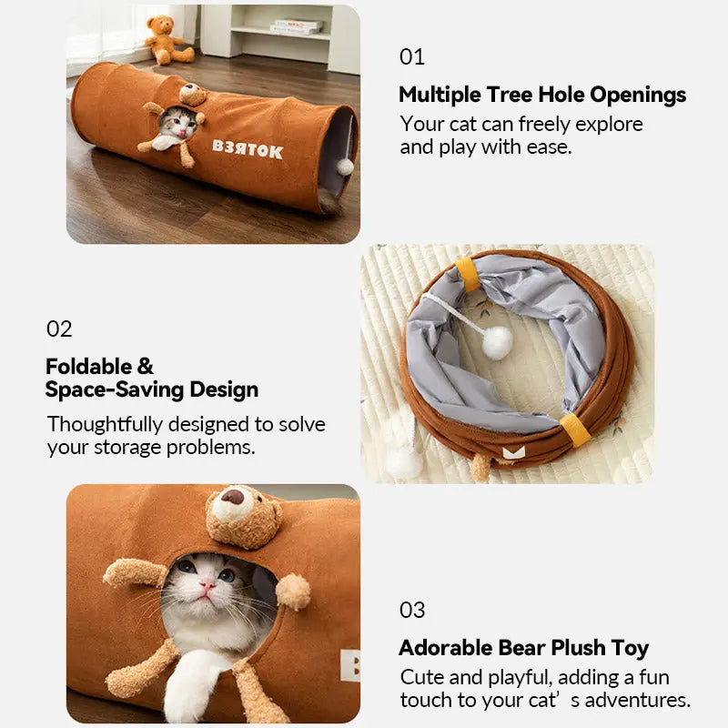 Cat Tunnel Toy for Curious Cats, Foldable Play Tunnel with Peephole and Hanging Plush Ball for Daily Play