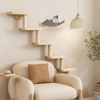 Wall-Mounted Cat Tree 5 Layers Solid Wood Indoor Cat Climbing Frame Jumping Platform Ladder Space-Saving for Small Spaces Multi-Cat Homes Living Room Bedroom Balcony