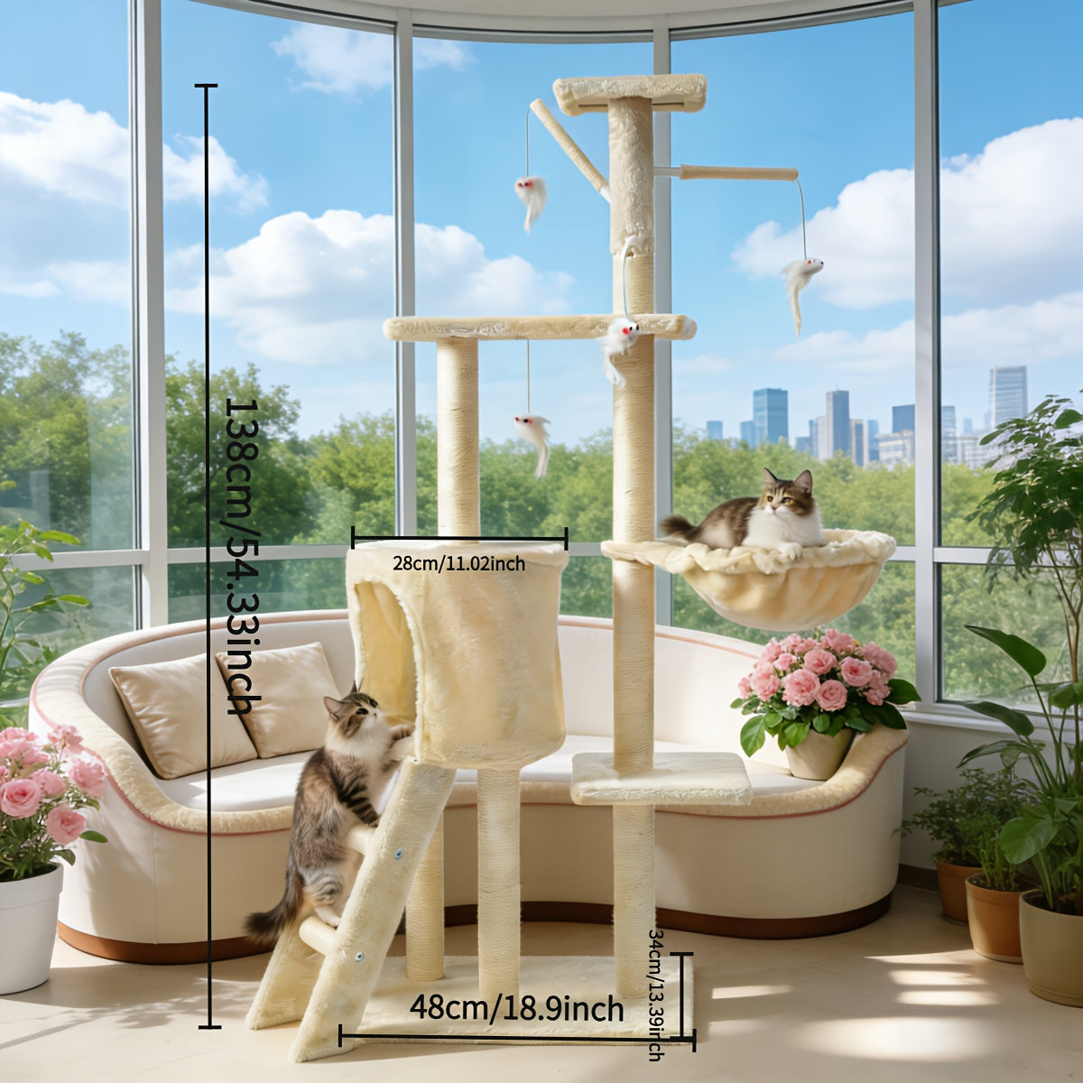 Cat Tree Tower for Indoor Cats Large Multi-Tier with Sisal Scratching Posts, Plush Perches, Hammock, Condo Cave & Hanging Toys - Sturdy Climbing Ramp Cat Furniture for Kittens & Adult Cats