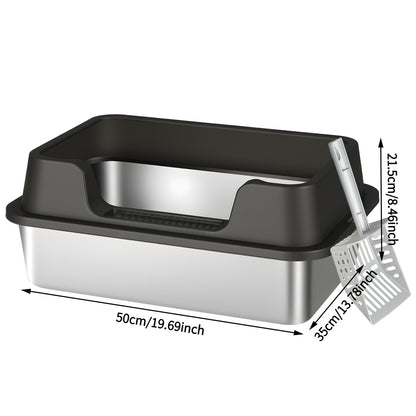 Stainless Steel Cat Litter Box with Scoop - High-Wall Semi-Enclosed Design, Non-Stick Easy Clean Surface, Anti-Leakage Odor Control, 2 Sizes for Kittens & Multiple Cats, Modern Metal Pet Toilet