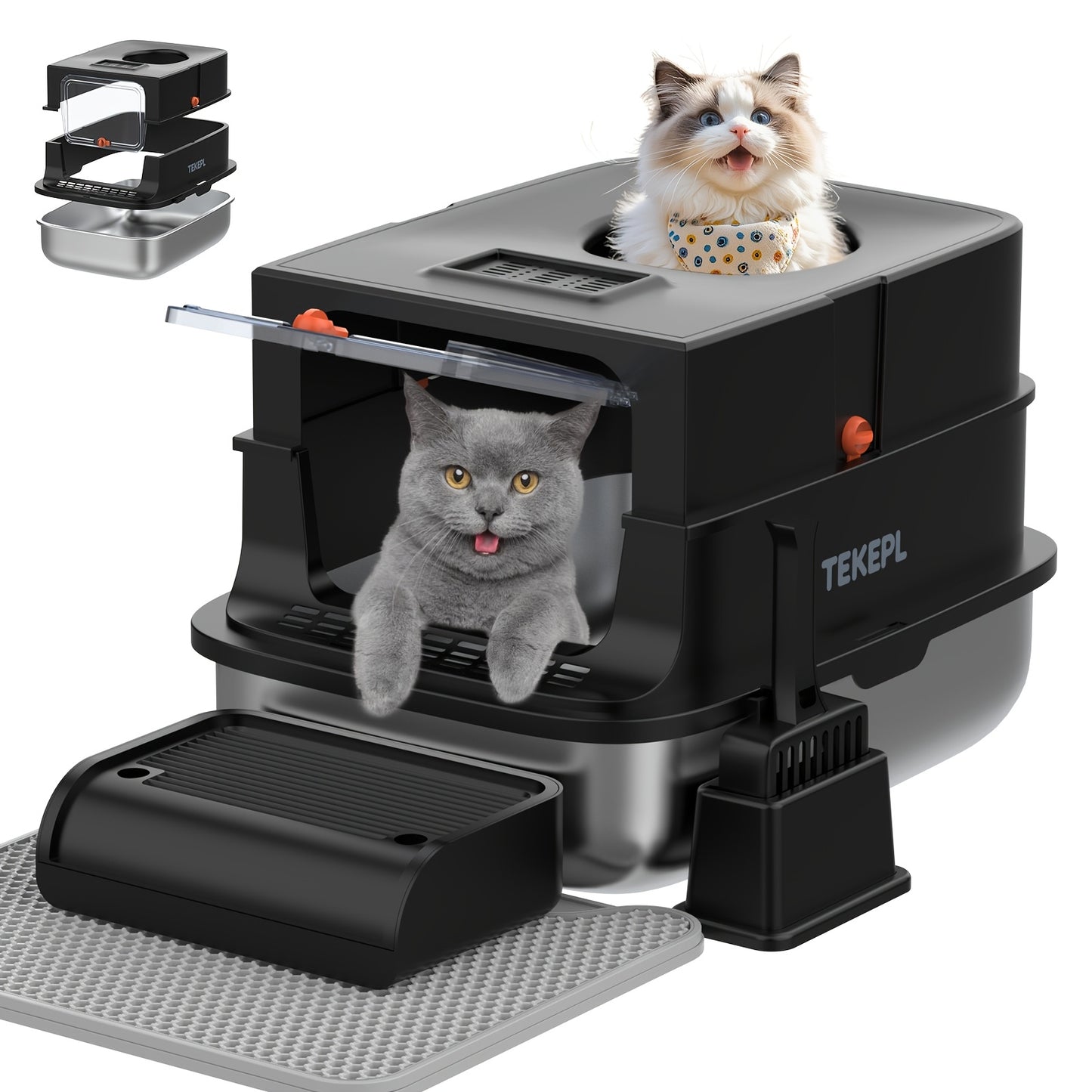 Stainless Steel Cat Litter Box with Lid - Extra Large 68L Enclosed & Semi-Open Modular System, 304 Steel Non-Stick Easy Clean, Charcoal Filter, Litter Mat & Scoop Included, Indoor XL Pet Toilet