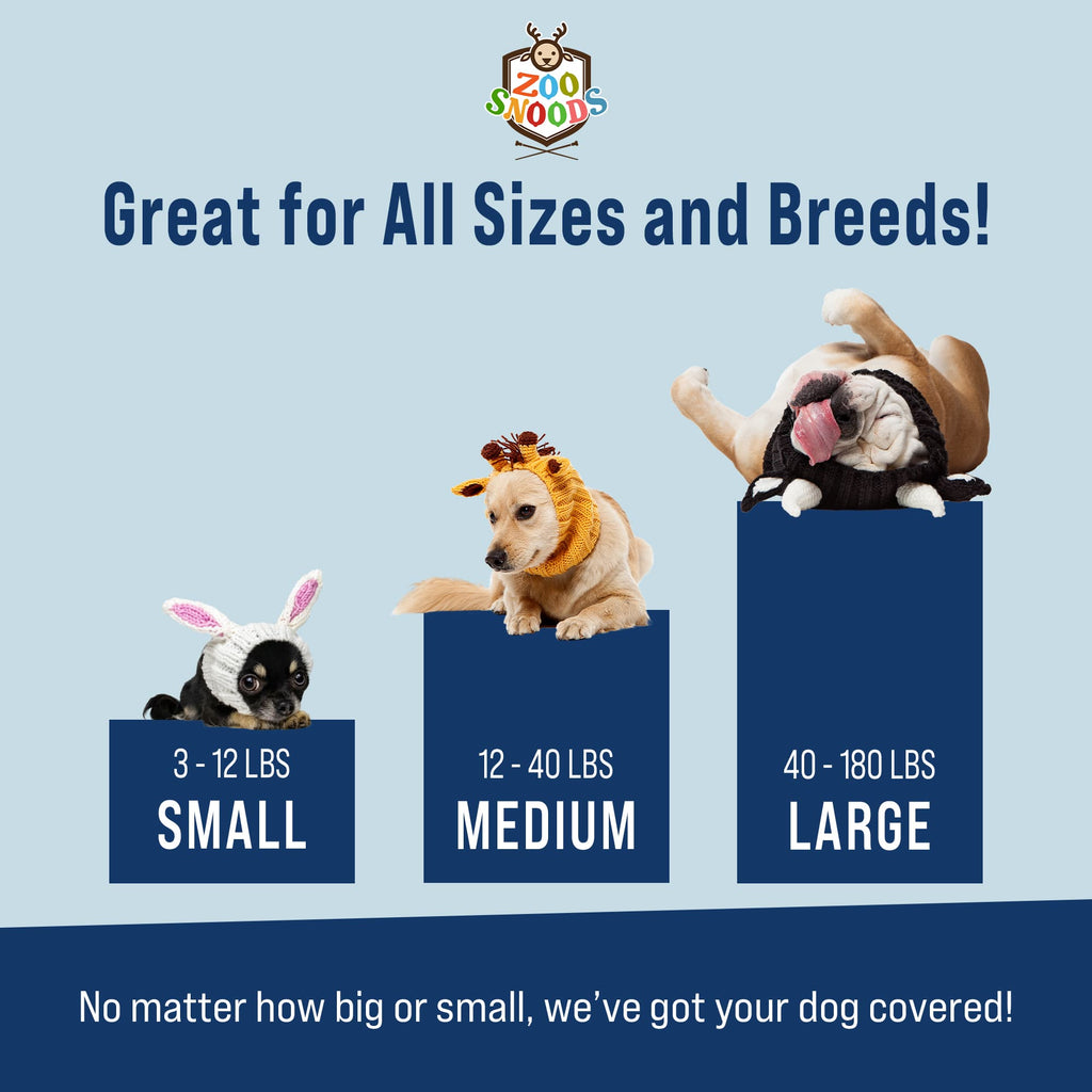 Zoo Snoods size chart for small, medium, and large dog snoods