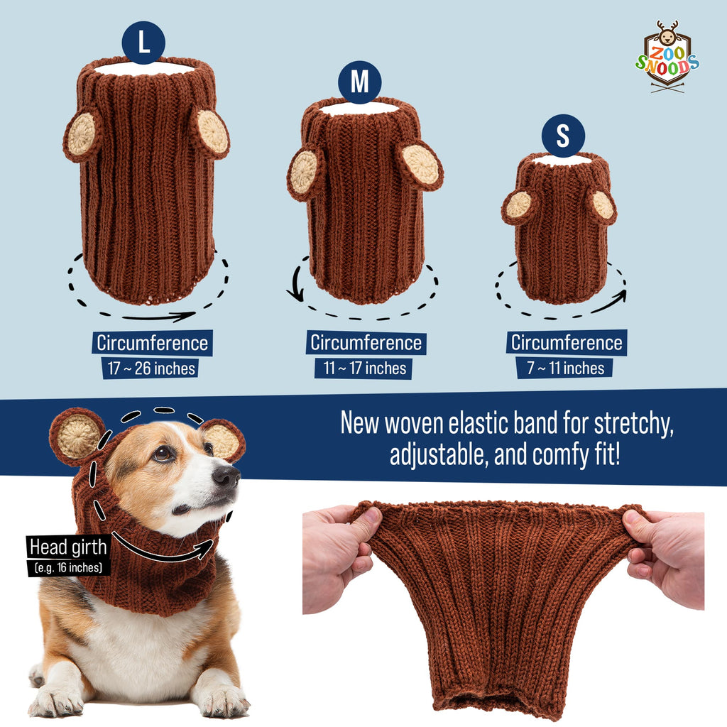 Size comparison chart showing small, medium, and large Zoo Snoods on different dog breeds