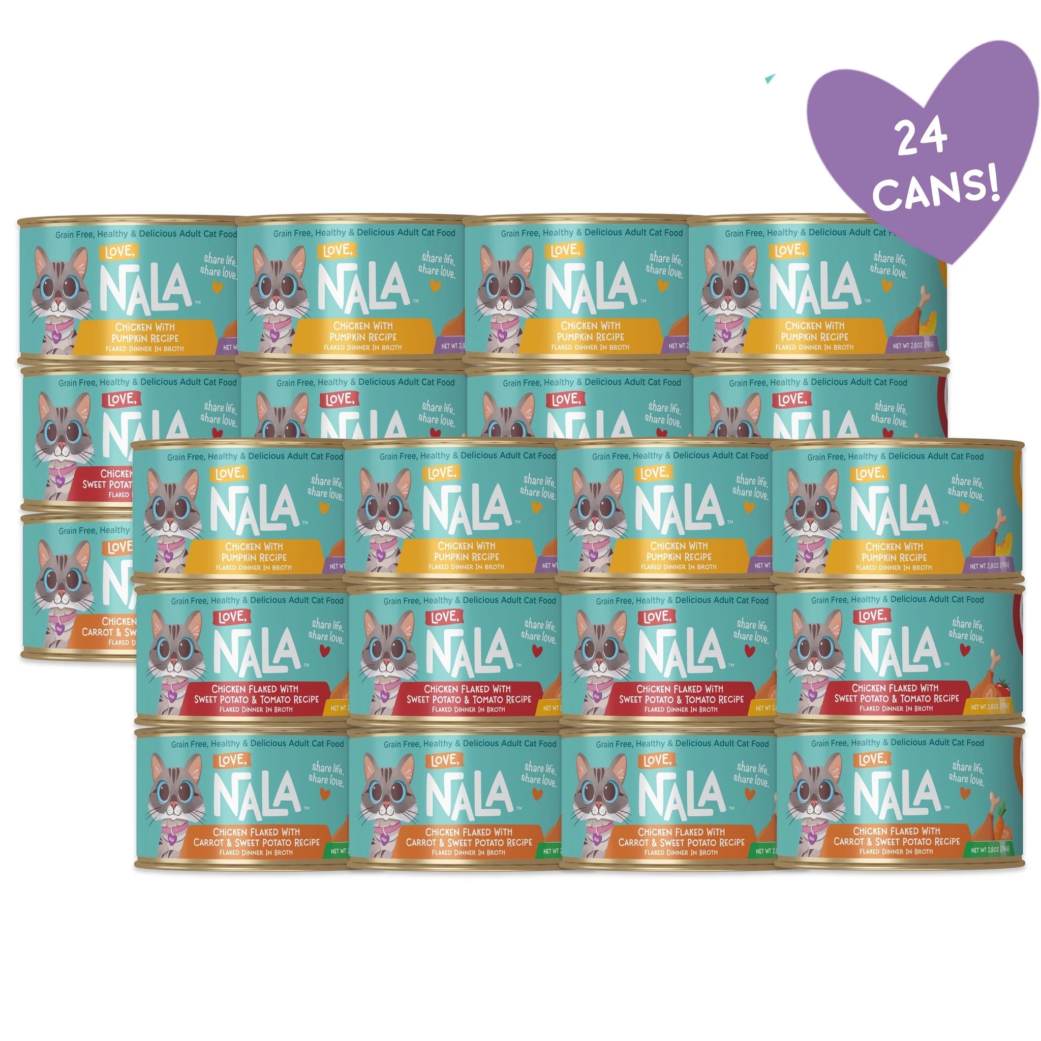 A bulk stack of 24 cans of NALA cat food, arranged in four rows of six. The cans feature a teal background with a cartoon French Bulldog and a yellow band at the bottom.