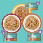 Four cans of NALA pet food arranged on a teal background with three bowls of the food shown above each can. The cans are labeled Love NALA and appear to be adult cat food flavors.