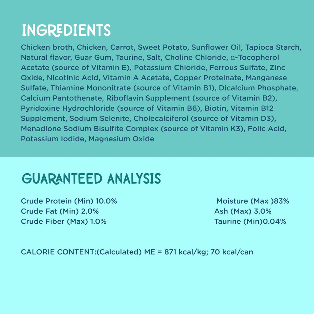 A light blue informational graphic with a dark teal header reading 'INGREDIENTS' and a list of chicken broth ingredients, plus a 'GUARANTEED ANALYSIS' section with nutritional claims and calorie content.