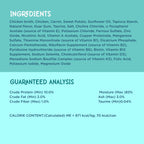 A light blue informational graphic with a dark teal header reading 'INGREDIENTS' and a list of chicken broth ingredients, plus a 'GUARANTEED ANALYSIS' section with nutritional claims and calorie content.