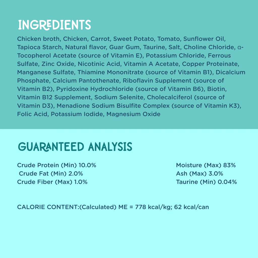A light blue informational graphic with the heading 'INGREDIENTS' at the top and a list of ingredients in dark teal text. Below, under the heading 'GUARANTEED ANALYSIS,' nutrient claims are listed in dark teal text, including crude protein, crude fat, crude fiber, moisture, ash, and taurine, plus calorie content.
