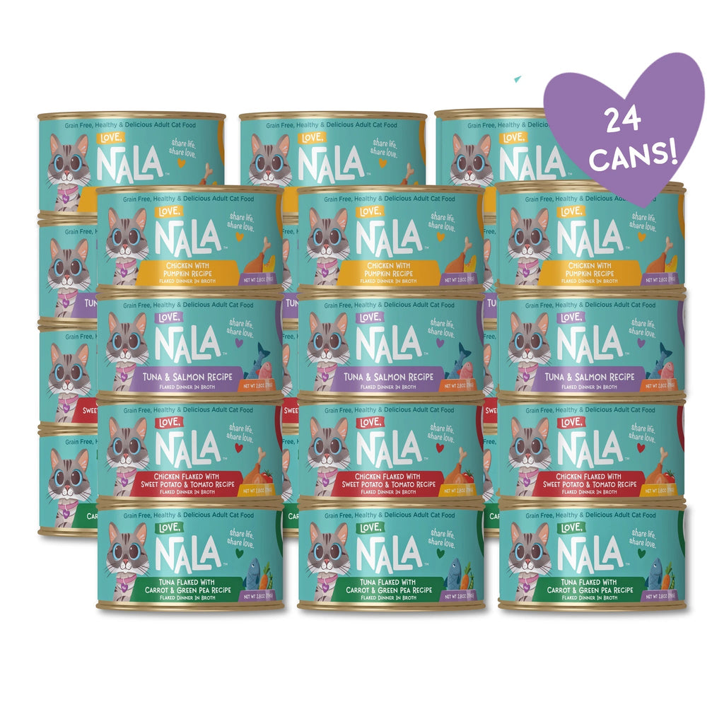 A bulk pack of 24 NALA Love Pups cat food cans, stacked in a grid. The cans feature a light teal background with illustrations of French Bulldog puppies and labels for various flavors like tuna, salmon, and chicken & salmon.