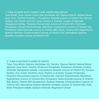 A text-based comparison chart on a teal background listing two tuna recipes: tuna flaked with carrot and green pea, and tuna with salmon flaked in gravy. The text details ingredients and cites various vitamins and supplements.
