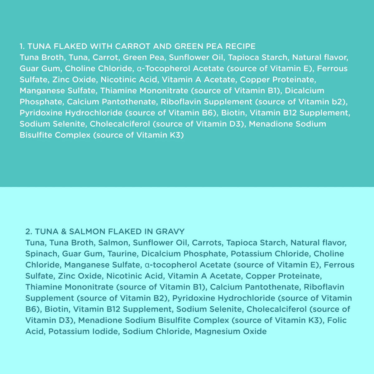 A text-based comparison chart on a teal background listing two tuna recipes: tuna flaked with carrot and green pea, and tuna with salmon flaked in gravy. The text details ingredients and cites various vitamins and supplements.
