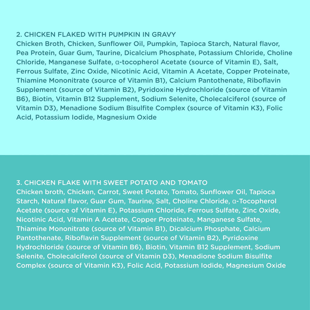 A digital graphic displaying two lists of chicken flake seasoning ingredients on a split background. The top half is white with black text listing ingredients for '2.