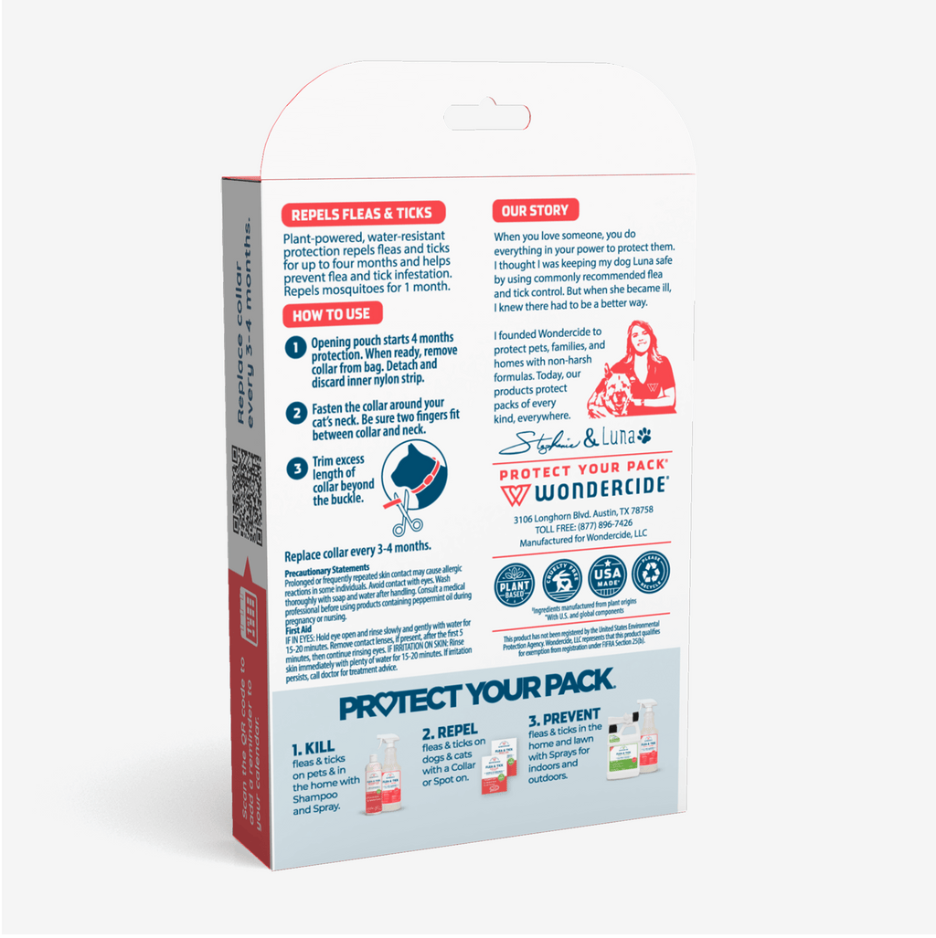 Back of a Wondercide Flea & Tick Collar for Dogs + Cats box displaying instructions, features, usage directions, the brand story in English, product images, and a QR code for quick access to flea and tick protection details.
