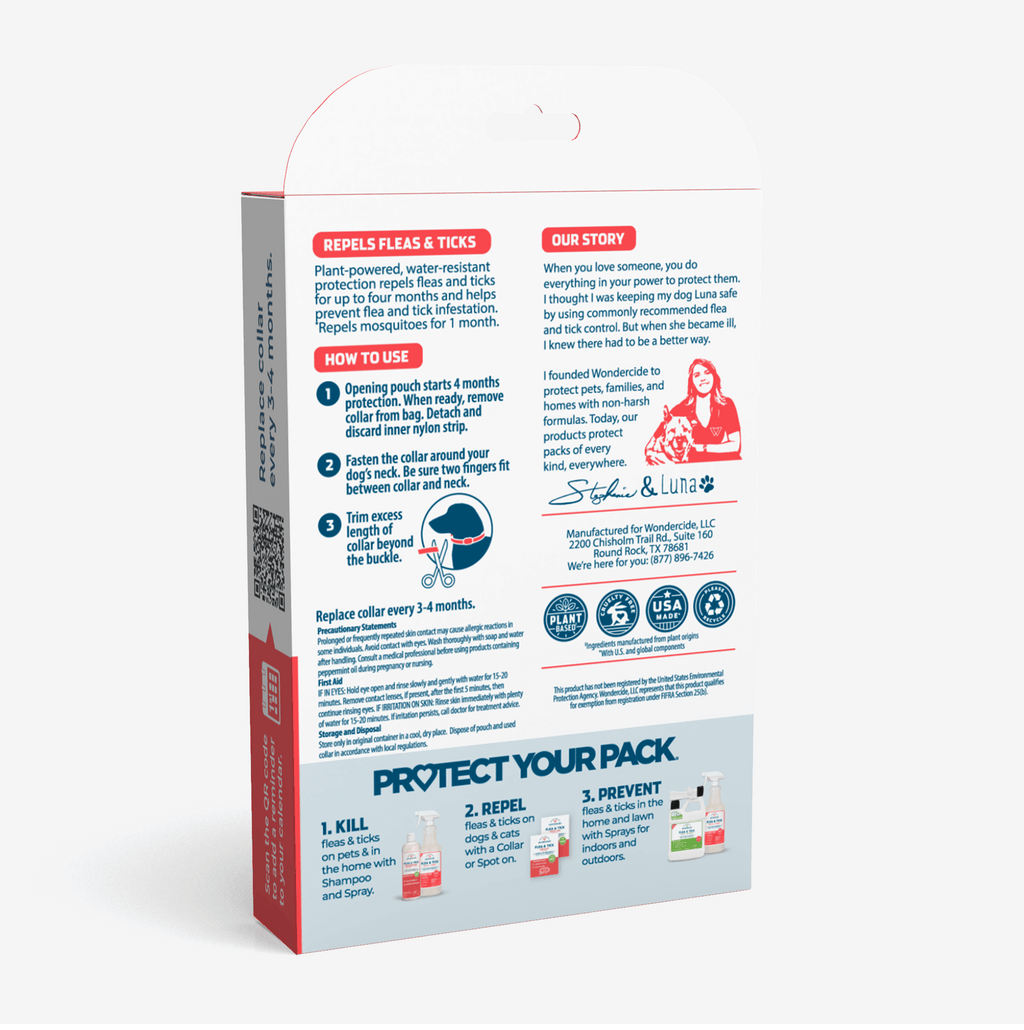 The back of the Wondercide Flea & Tick Collar for Dogs + Cats box features usage instructions, product info, Our Story, founder signatures, and details on pest protection. The packaging is mainly white with red accents.