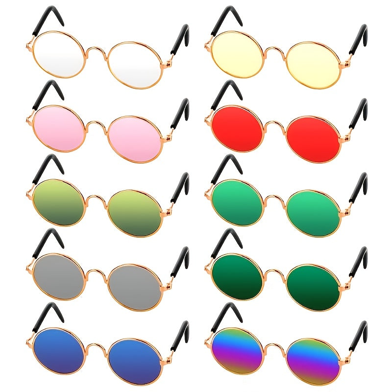 10 Fun Glasses for Cats And Dogs - Round Metal Classic Retro Shades for Pets, Perfect for Hippie Looks, Cosplay Parties, And Photo Props (Assorted Colors)