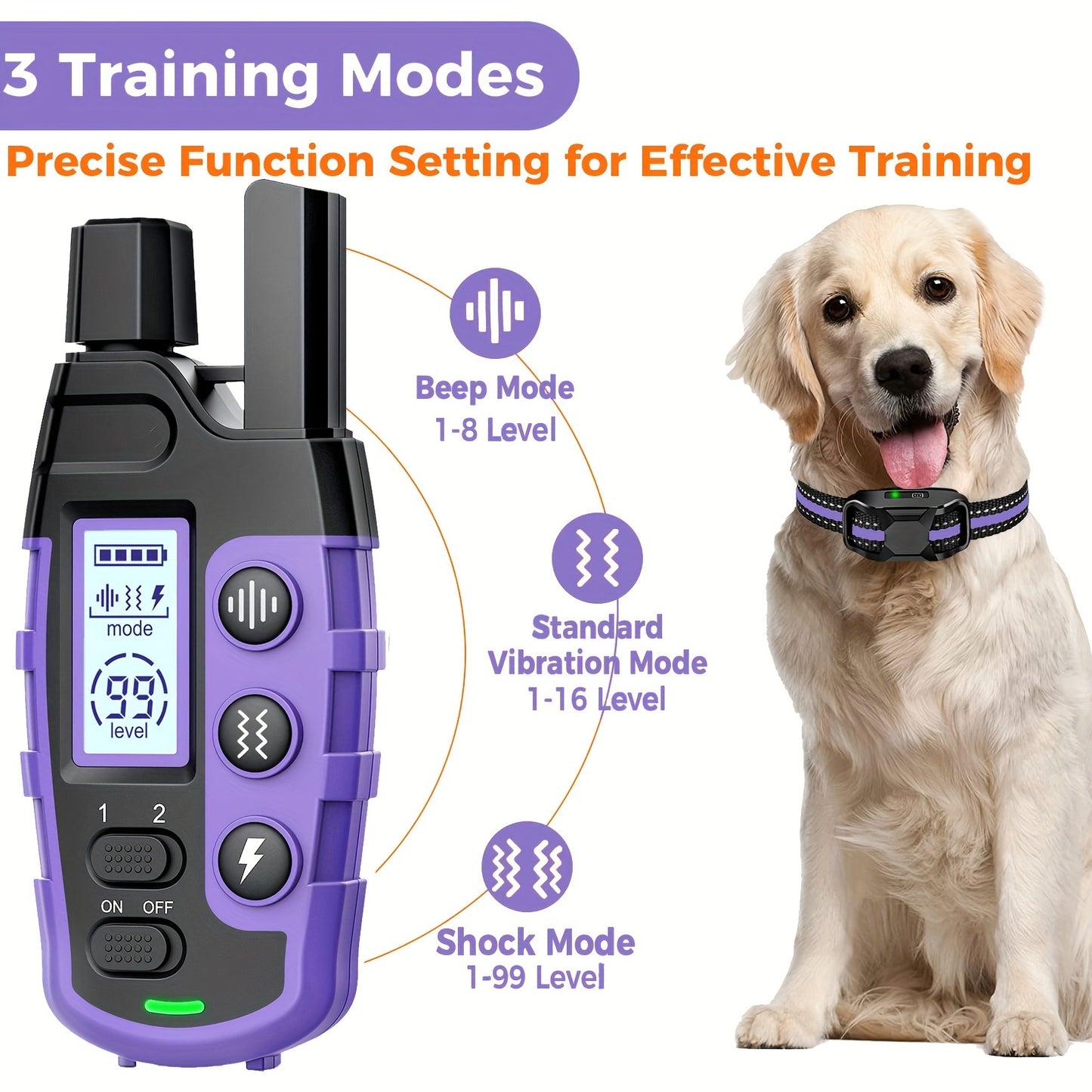 Dog Training Collar with Remote 3300ft Range – Rechargeable E-Collar with Vibration, Static & Beep Modes | Adjustable Nylon Strap for Small to Large Dogs 5–150 lbs | 1 Dog or 2 Dog Options | Purple
