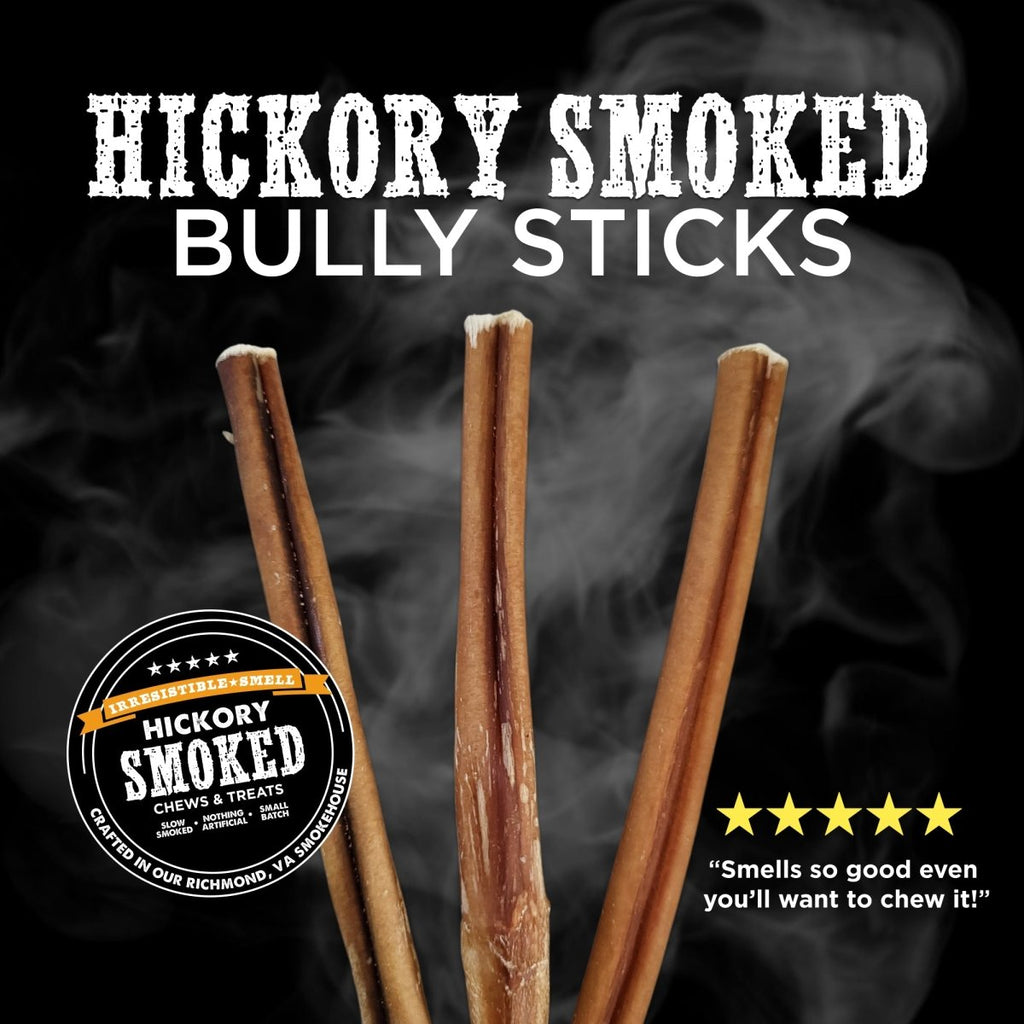 Four Hickory Smoked Sampler Box chews from Best Bully Sticks are shown upright with smoke, product branding, a five-star review, and a customer quote. Try our long-lasting treats your dog will love!.