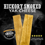 Two Hickory Smoked Sampler Box chews from Best Bully Sticks are shown on a smoky background with text and the circular product logo.