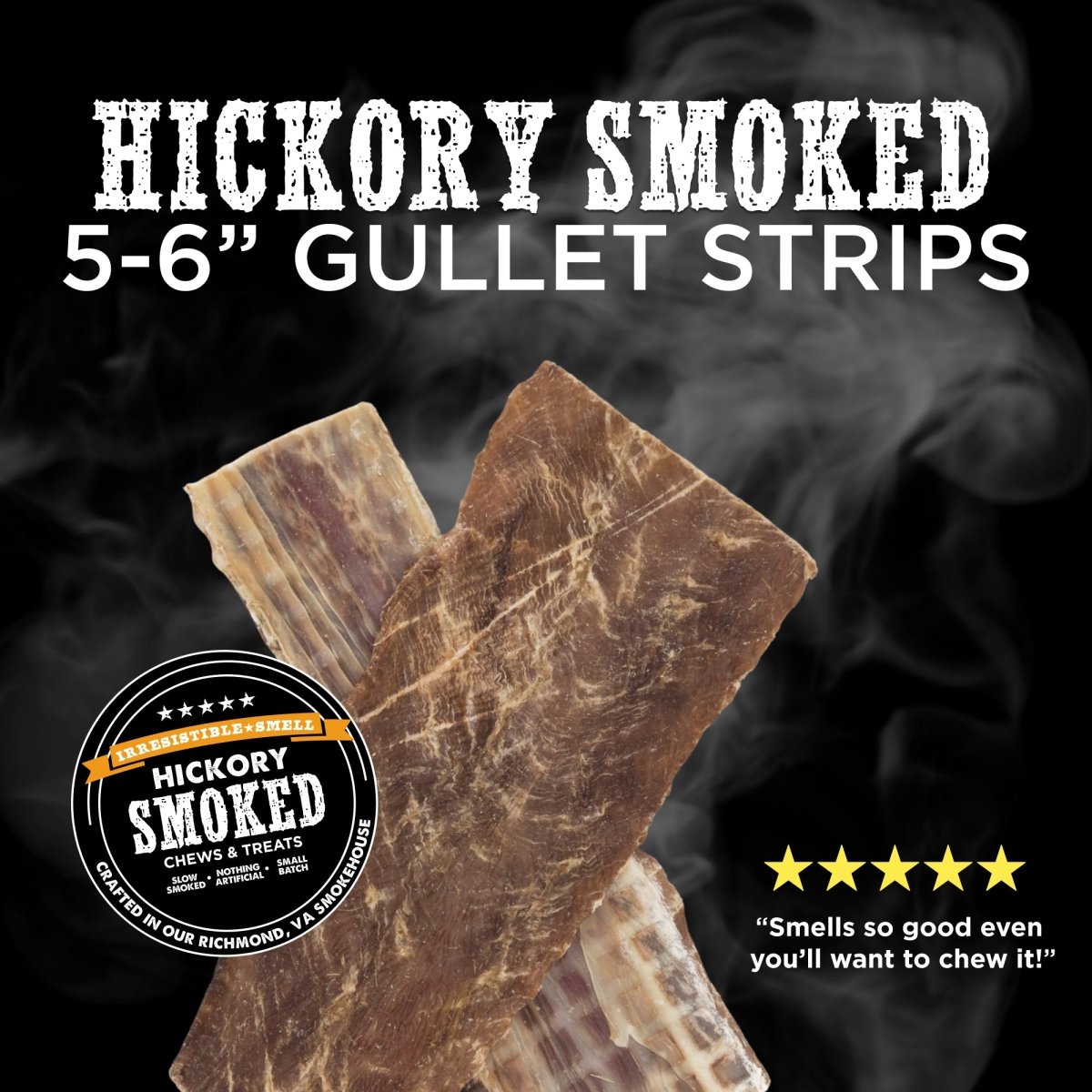 Two Best Bully Sticks Hickory Smoked Sampler Boxes are shown on a black background with product branding, a five-star review, and visible smoke effects.