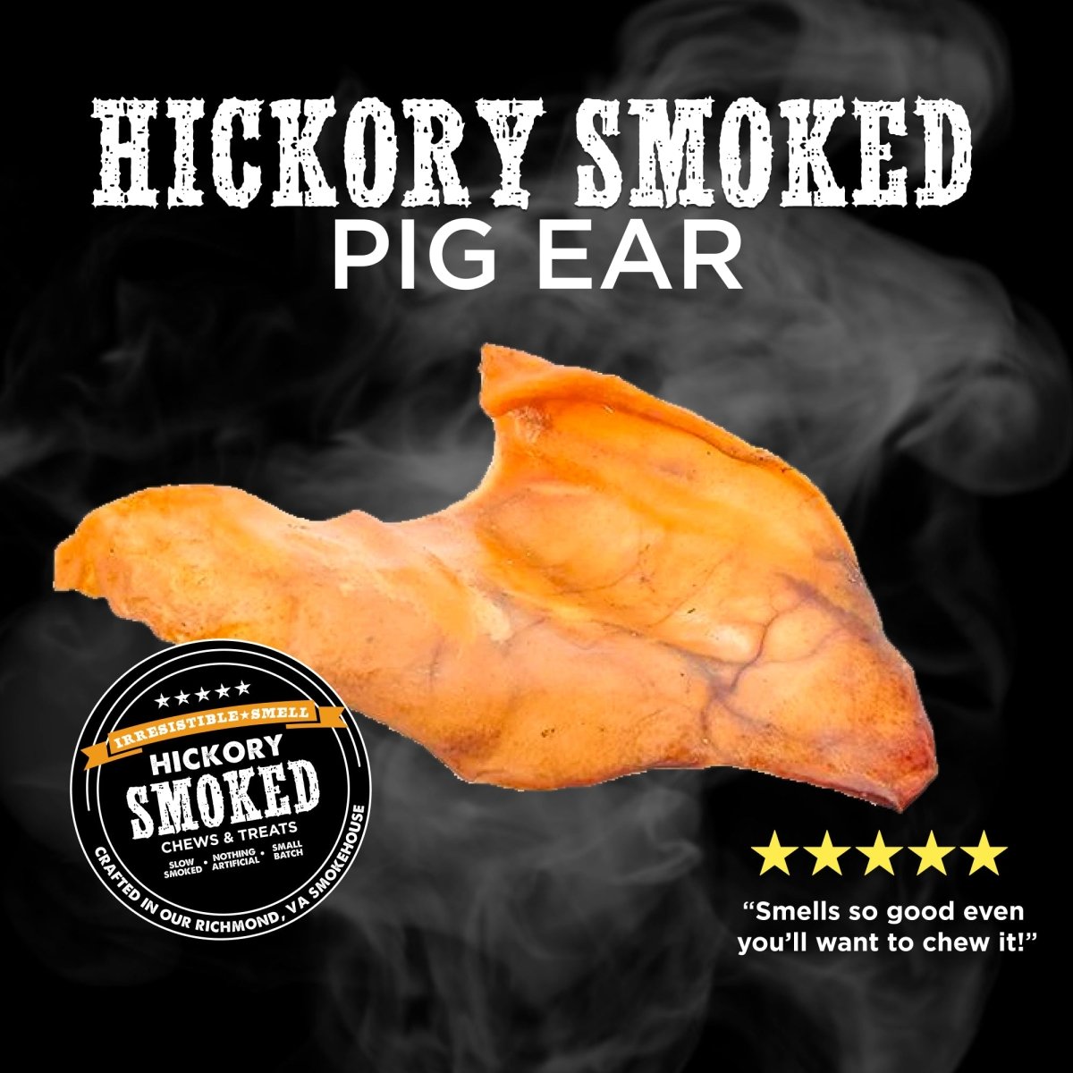 The Best Bully Sticks Hickory Smoked Sampler Box is shown on a smoky black background, accented by bold text and a five-star customer review.