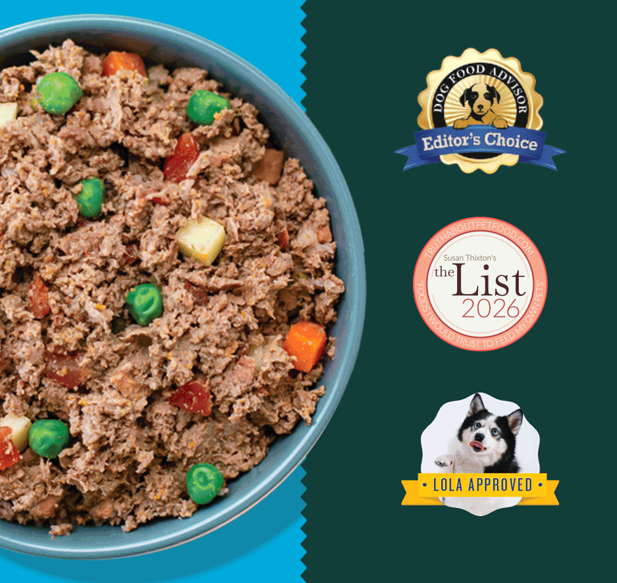 Bowl of ground meat dog food with green peas, red and orange diced vegetables, and pasta pieces.