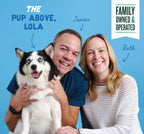 Two people and a black-and-white husky dog smiling against a blue background with text identifying them as owners of a family