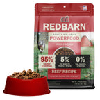 Best Air Dried Food. Redbarn Powerfood High Protein Beef Recipe dog food package with a bowl full of food in the background.
