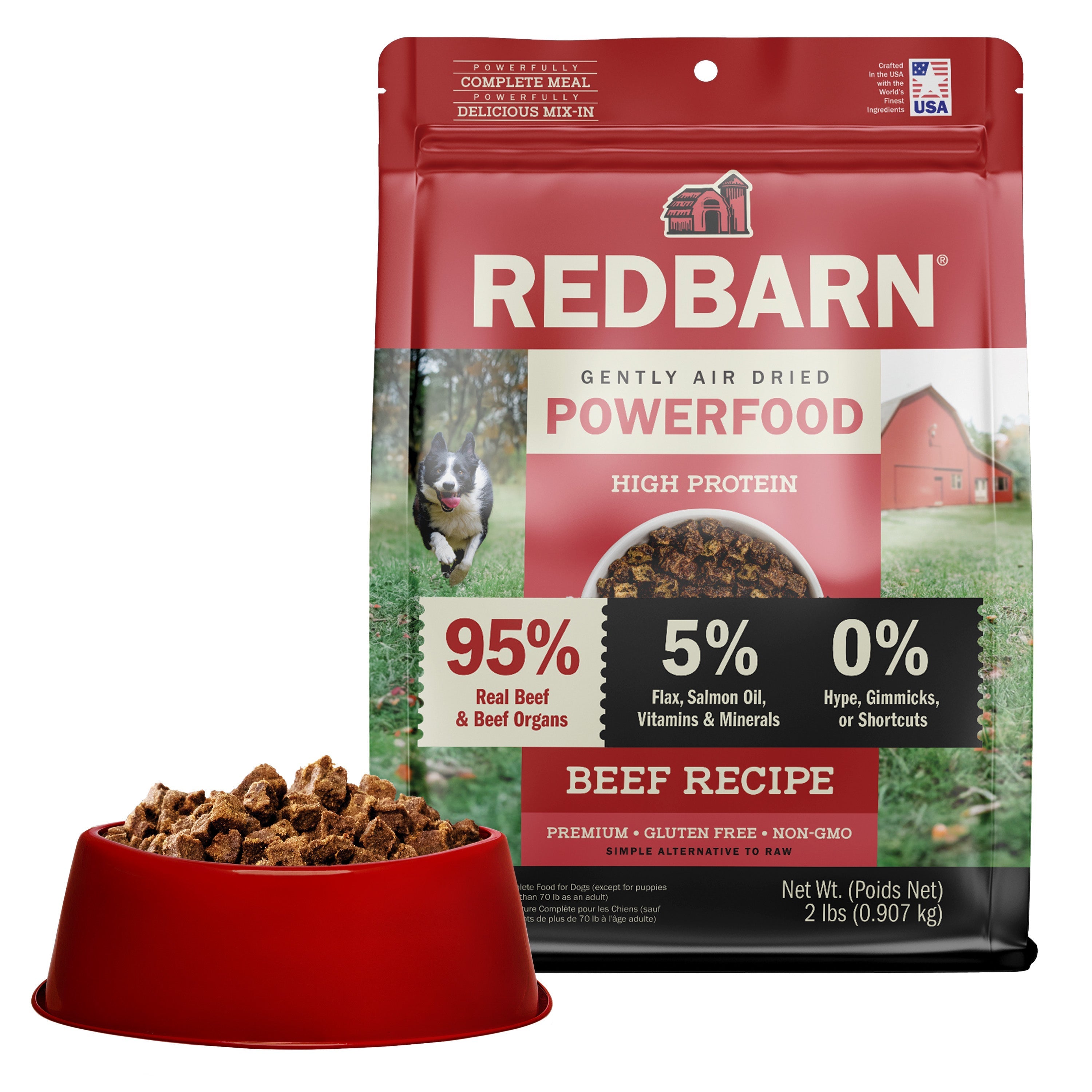 Best Air Dried Food. Redbarn Powerfood High Protein Beef Recipe dog food package with a bowl full of food in the background.