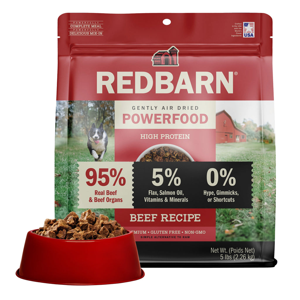 Best Air Dried Food. Redbarn Powerfood High Protein Beef Recipe dog food package with a bowl full of food in the background.