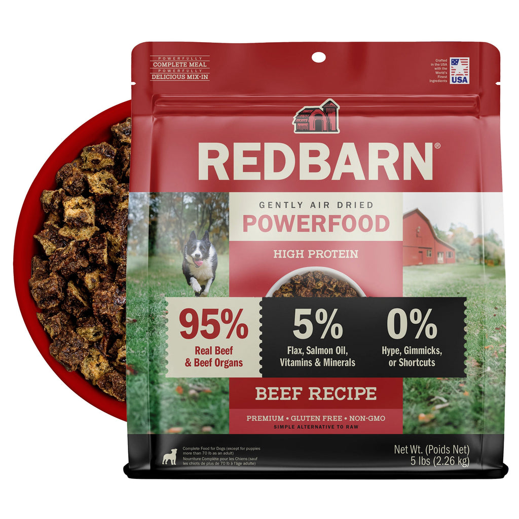 Best Air Dried Food. Redbarn Powerfood High Protein Beef Recipe dog food package with a bowl full of food in the background. 5lb pack.