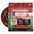 Best Air Dried Food. Redbarn Powerfood High Protein Beef Recipe dog food package with a bowl full of food in the background. 5lb pack.