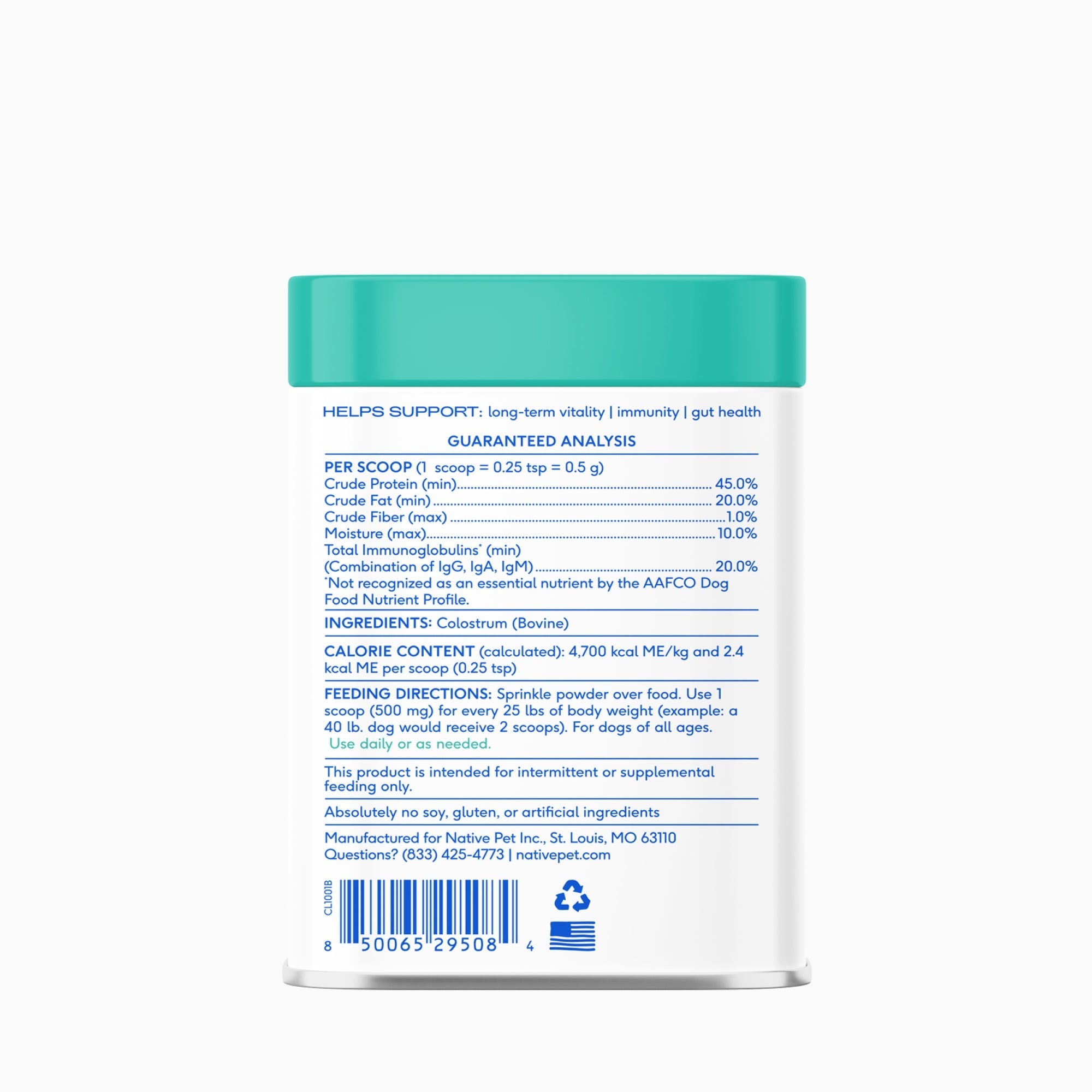 Native Pet Colostrum for Dogs - Back of Package