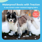 A dog wearing Walkee Paws dog shoes with waterproof boots and traction, attached to 4-way stretch water-resistant legging fabric, designed for stay-on paw protection. The image is set in a snowy outdoor environment.