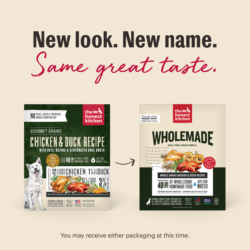 New Look. New Same. Same Great Taste. As we switch our packaging, you may receive either option at this time. | Wholemade Whole Grain Chicken & Duck Dehydrated Dog Food from The Honest Kitchen