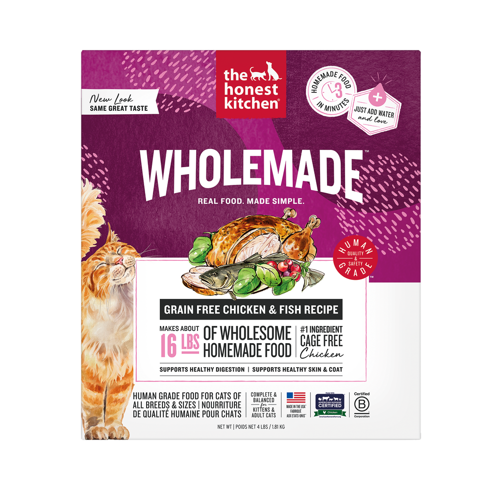 Package of 'The Honest Kitchen' Wholemade cat food with a purple and white design. ::4-lb