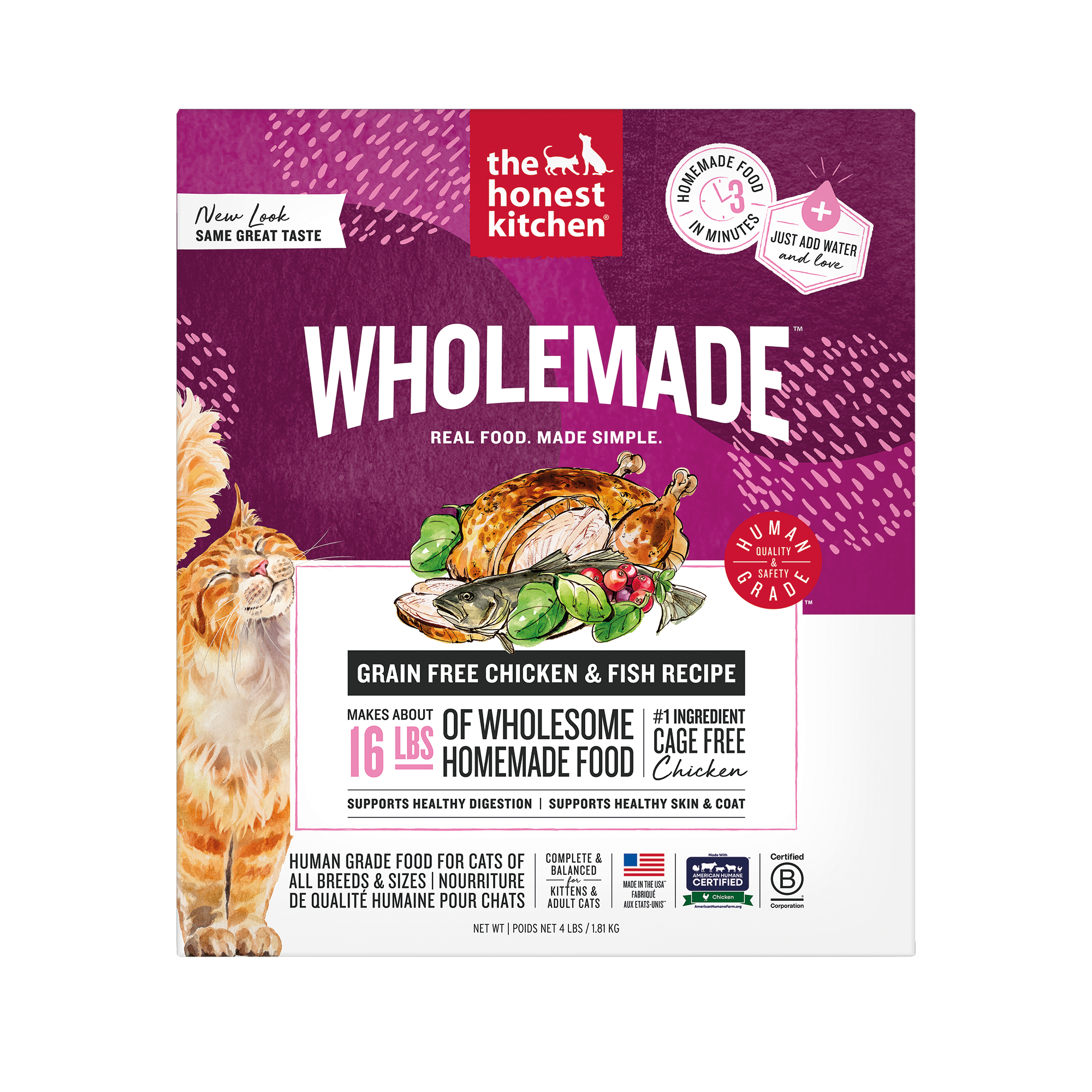 Package of 'The Honest Kitchen' Wholemade cat food with a purple and white design. ::4-lb